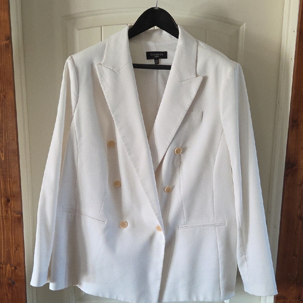 Talbots White Double-Breasted Linen Blazer